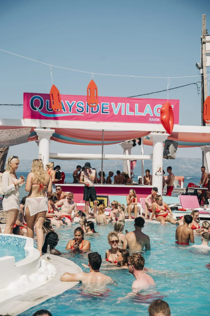 Packed pool at Baywatch Pool Party in Kavos as sun, tunes and ice-cold drinks set the scene for a huge daytime session by the water