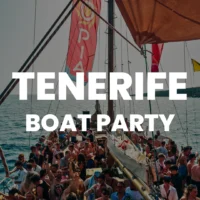 Tenerife boat party packed on deck with on-screen text reading Tenerife Boat Party over a full-send crowd at sea