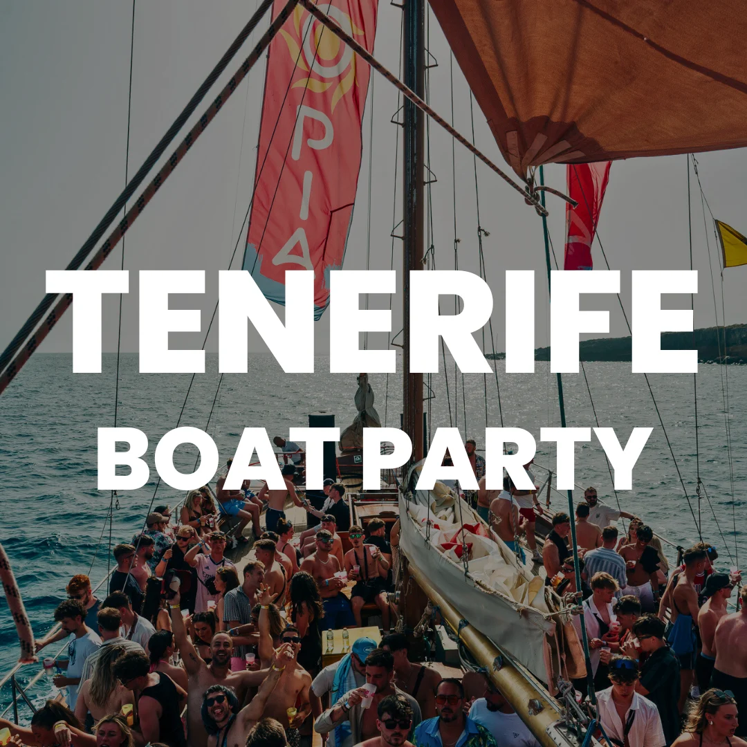 Tenerife boat party packed on deck with on-screen text reading Tenerife Boat Party over a full-send crowd at sea