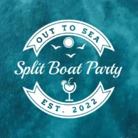 Out to Sea Split Boat Party graphic with blue sea background, white logo design and cocktail icon for the Croatia event