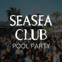 eaSea Club Pool Party event graphic showing a packed crowd, palm trees and stage setup in Barcelona with bold white text over the image.