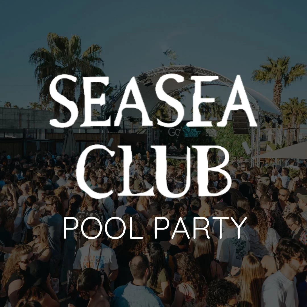 eaSea Club Pool Party event graphic showing a packed crowd, palm trees and stage setup in Barcelona with bold white text over the image.