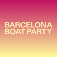 Barcelona Boat Party event graphic with bold cream text on a pink, orange and yellow sunset gradient background.