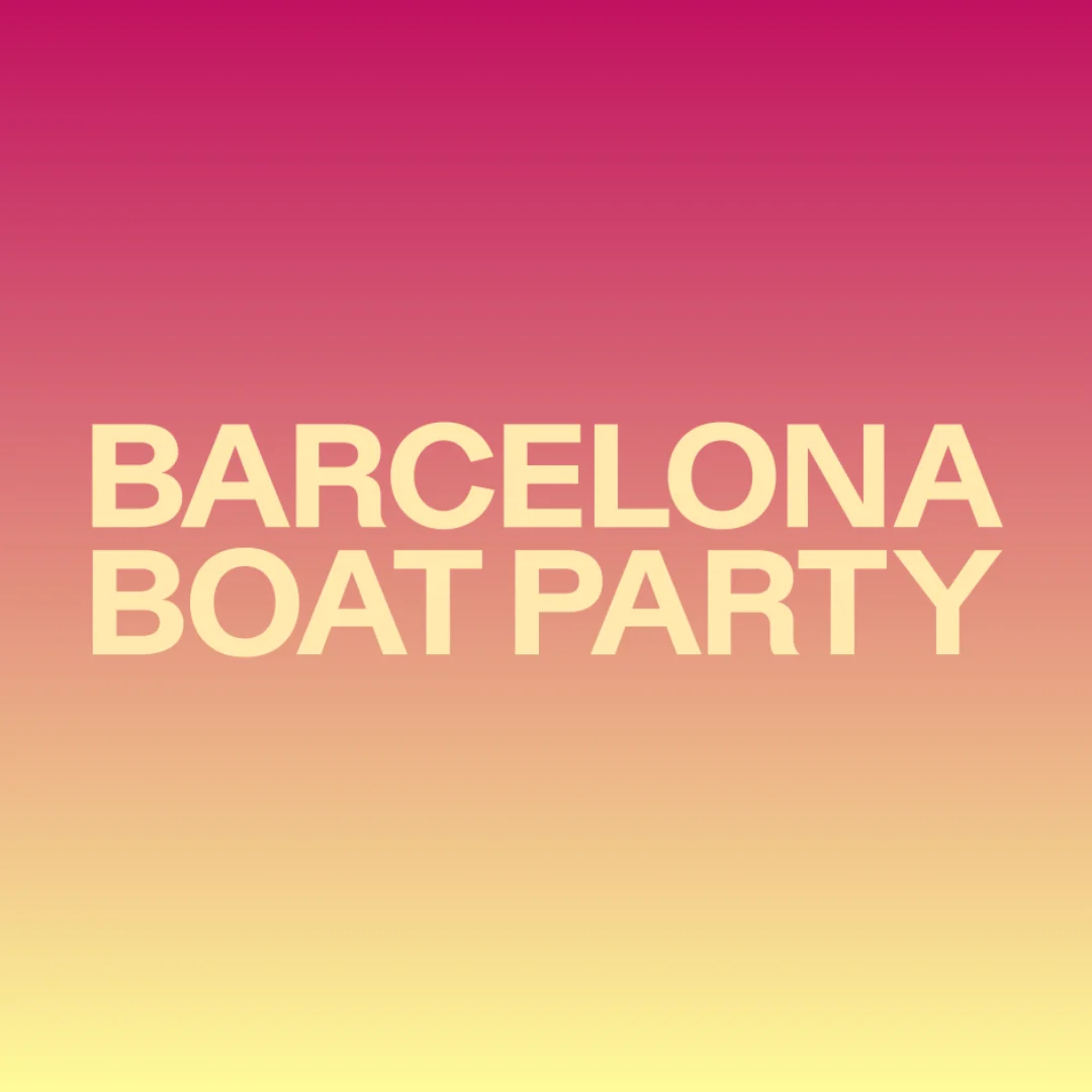 Barcelona Boat Party event graphic with bold cream text on a pink, orange and yellow sunset gradient background.