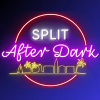 Split After Dark event logo with neon style text, circular red outline and Split skyline on a blue background.