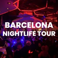 Barcelona Nightlife Tour event graphic showing a packed nightclub crowd under red neon lights with bold white text across the image.