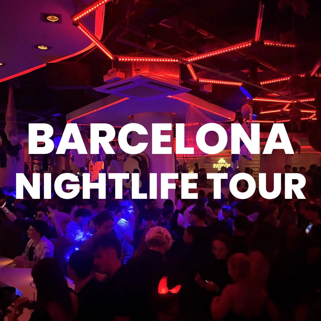 Barcelona Nightlife Tour event graphic showing a packed nightclub crowd under red neon lights with bold white text across the image.