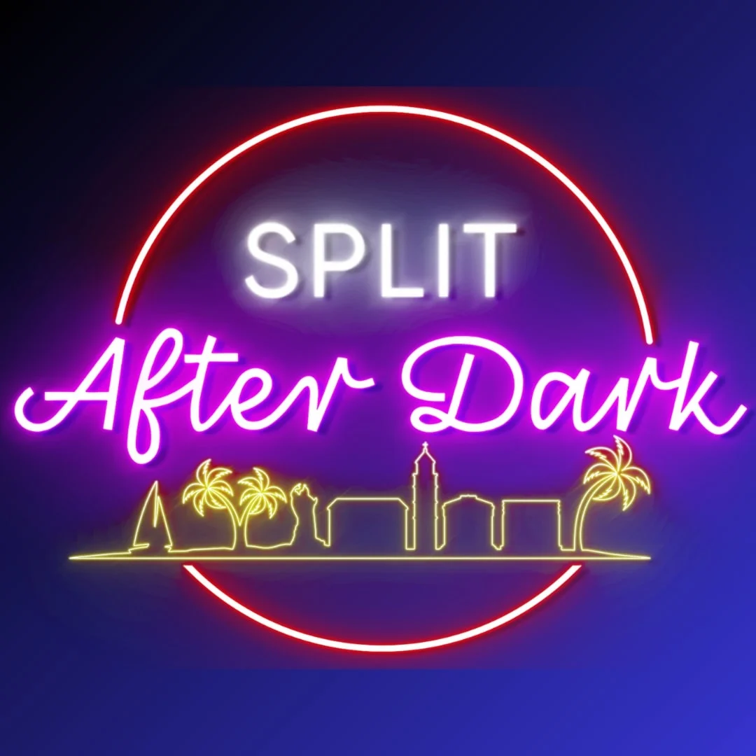 Split After Dark event logo with neon style text, circular red outline and Split skyline on a blue background.