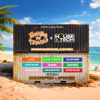 House of Tech event poster for Heaven Warehouse Albufeira with DJ line-up, beach background and Nothing But Trouble branding