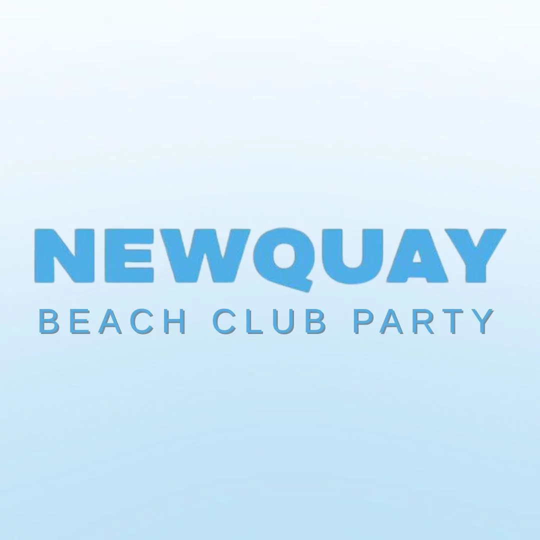 Newquay Beach Club Party logo in blue text on a pale blue background for the Kavos event
